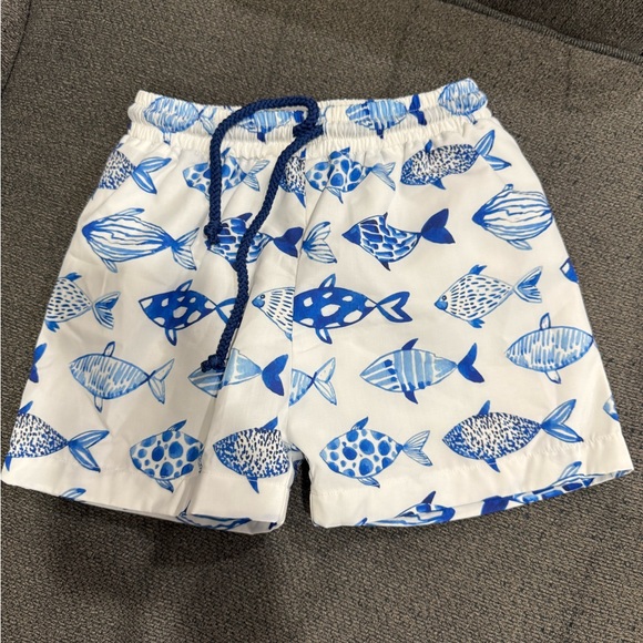 Kids' Blue Fish Print Swim Shorts - Picture 1 of 5